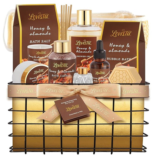 Christmas Spa Gift Baskets For Women, Honey Almond Bath and Body Set, Birthday Gift- Shower Gel, Bubble Bath, Body Butter, Bath Salt, Body Oil, Candle, Bath Caviar, Soap, Home Diffuser, Scrubber
