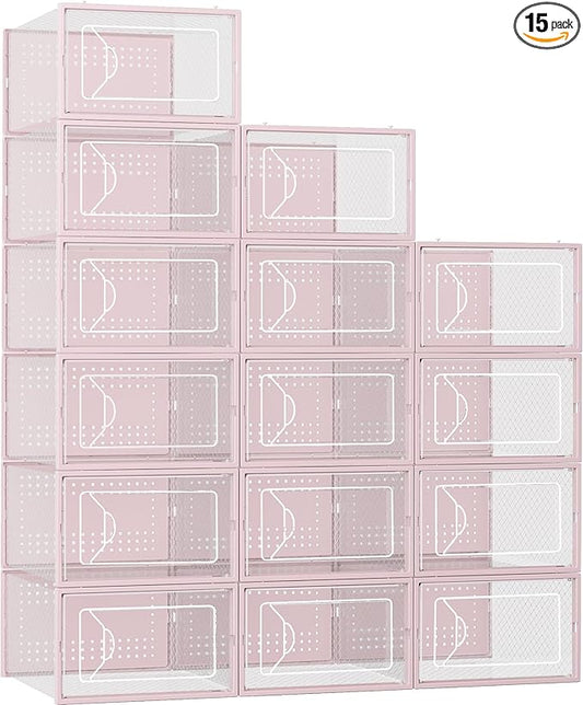 Shoe Storage Box, 15 Pack Clear Plastic Stackable Shoe Organizer for Closet, Interlocking Design Shoe Container Bins for Sneakers, Foldable Shoe Rack with Lids, Pink