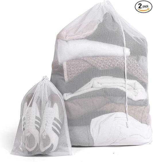 2 Pack Mesh Laundry Bags - Large & Small Heavy Duty Mesh Laundry Bag with Drawstring, Wash Bags for Travel, College, Dorms, Sports, Family, White
