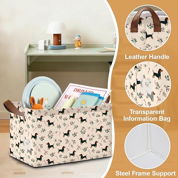 Christmas Dachshund Storage Bin with Handles, Basket Storage Organizer for Shelves, Closet, Nursery, Book, Laundry Hamper & Home Decor