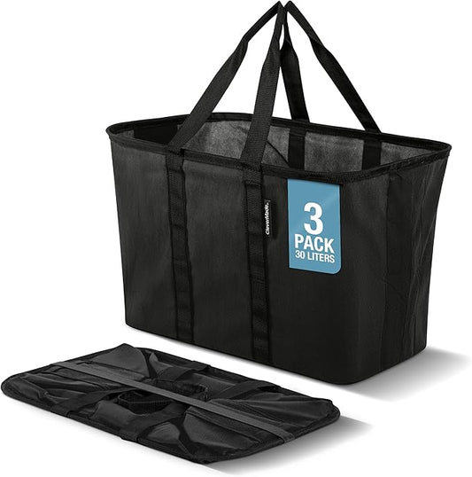 CleverMade EcoBasket 30L Collapsible Tote Basket 3 Pack – Reusable Grocery Tote That Stands Upright, Foldable Shopping Basket for Car Trunk Storage, Heavy Duty Utility Bag, 30 lb Capacity - Black