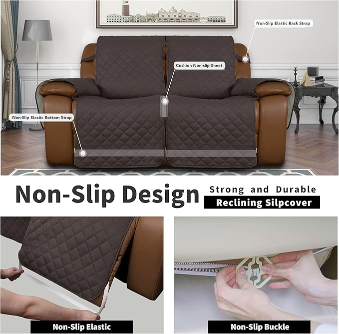 Easy-Going Loveseat Recliner Cover, Reversible Couch Cover for Double Recliner, Split Sofa Cover for Each Seat, Furniture Protector with Elastic Straps for Kids, Dogs, Pets(2 Seater, Chocolate/Beige)