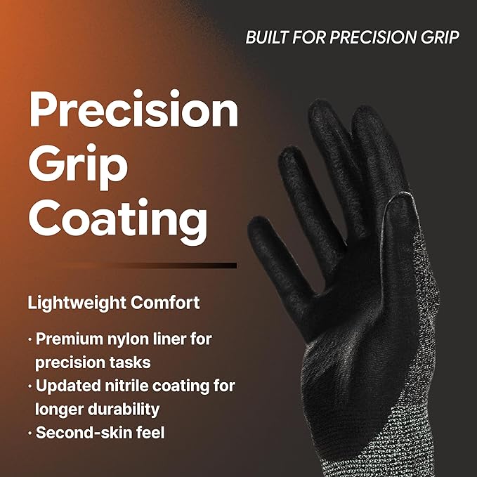 DEX FIT Nylon Work Gloves FN320, 3D Comfort Fit, Power Grip, Lightweight & Breathable, Touchscreen, Gardening, Yard Work, Warehouse, Delivery Driver Gloves; Black 10 (XL) 12 Pairs