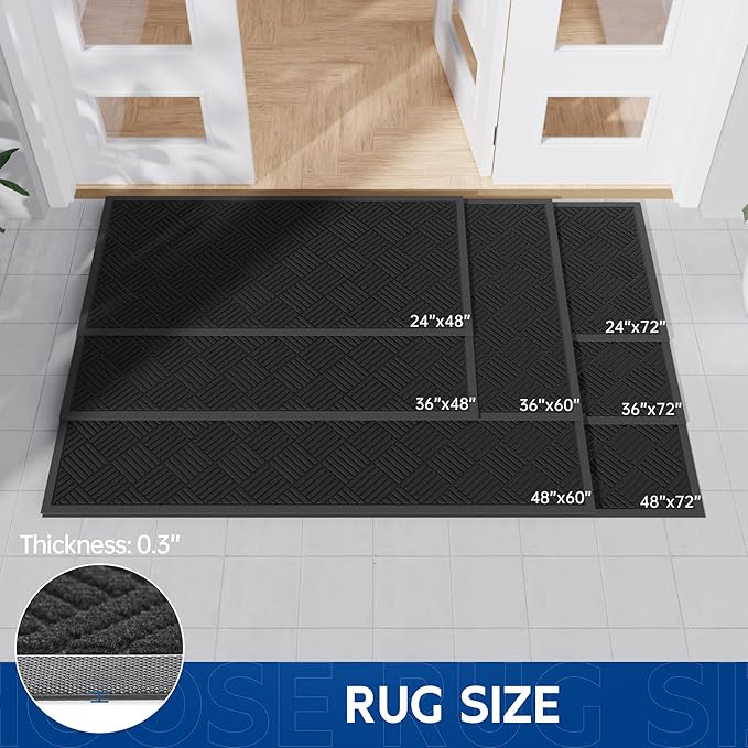 Durable Indoor Outdoor Door Mat, 2' x 4' Heavy Duty Front Door Mat for Entryway, Non-Slip Backing, Stain and Fade Resistant, Absorbent Commercial Floor Mat for High Traffic Area, Black