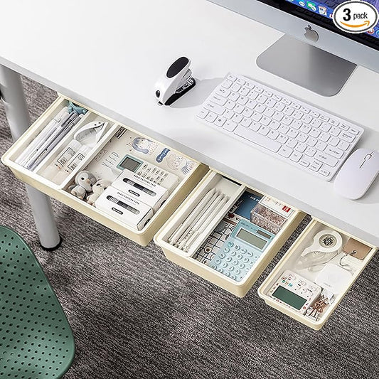 Cedilis 3 Pack Under Desk Drawer, Self-Adhesive Desk Organizer Drawers, Hidden Drawers Pencil Tray, Add a Drawer Under Table Easily, Attachable Desktop Organizer for Office School Home, Beige
