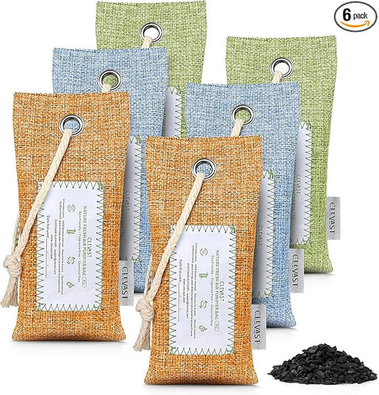 CLEVAST Activated Bamboo Charcoal Odor Absorber - 6 x 60g Air Purifying Bags, Natural Bamboo Charcoal Fresh Odor Moisture Eliminator, Deodorizer for Home, Closet, Shoe, Car Air freshener