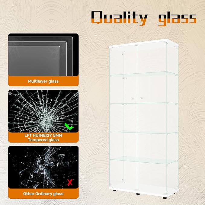 LFT HUIMEI2Y Glass Display Cabinet 5-Shelf with 2 Doors and Lock, Curio Cabinets Upgraded Quick-Install Style Tempered Glass Floor Standing Bookshelf for Living Room, Bedroom, Kitchen White