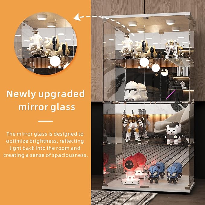 LFT HUIMEI2Y Glass Display Cabinet 4-Shelf with LED Light, Mirror and Lock, 2 Door Curio Cabinets, Tempered Glass Collection Display Showcase for Bedroom, Living Room 65”x 17”x 14” White