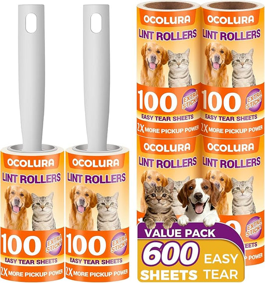 Extra Sticky Lint Rollers for Pet Hair, Easy Tear Lint Remover for Dog Cat Hair, Clothes, Multipurpose Lint Roller for Furniture Couch Carpet Car Seat (6 pcs - 600 Sheets)