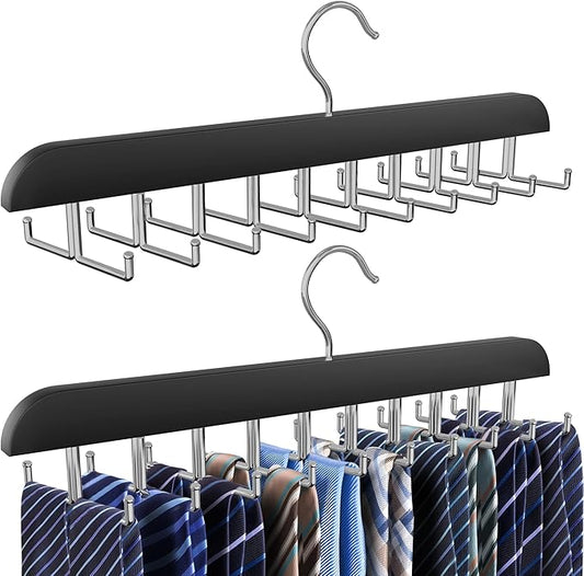 Tie Rack Hanger for Closet, 2 in 1 Belt Tie Hangers with 20 Folding Hooks, 360 Degree Rotating Wooden Tie Holder Organizer for Men Ties Belts Scarves Tank Tops Accessories, Black (2 Pack)