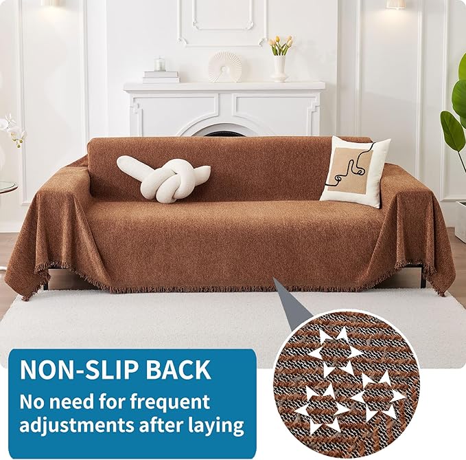 HAOMAIJIA Chenille Couch Cover Sofa Covers for 3 Cushion Couch Washable sectional Couch Covers for Dogs pet Furniture Protector Couch Cover Blanket for Living Room (Brown, 71"x150")