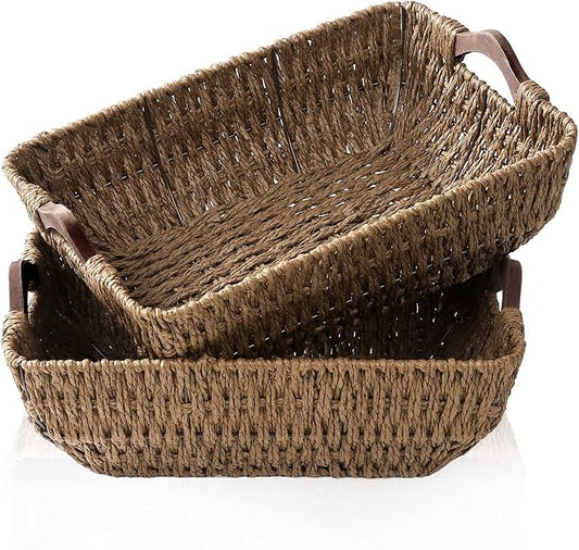 FairyHaus Hand-Woven Wicker Storage Basket with Natural Wooden Handles Set of 2, Recyclable & Renewable Paper Rope, 15x10x5 Wicker Baskets for Storage, Brown