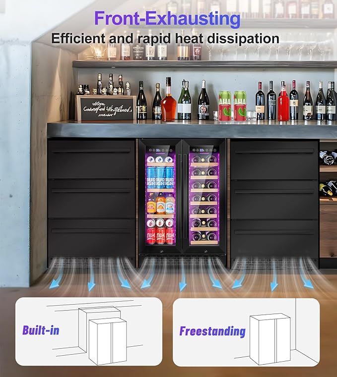 24 Inch Wine and Beverage Refrigerator，90 Can & 21 Bottle Dual Zone Wine Fridge Cooler, Built-In or Under Counter Fridge with 3 LED, Fast Cooling & Low Noise for Home/Kitchen