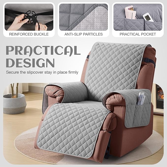 KinCam 100% Waterproof Recliner Chair Cover, Reclining Couch Covers for Pets, Dogs, Recliner Couch Slipcover Furniture Protector with Elastic Straps for Kids(30", Light Gray)