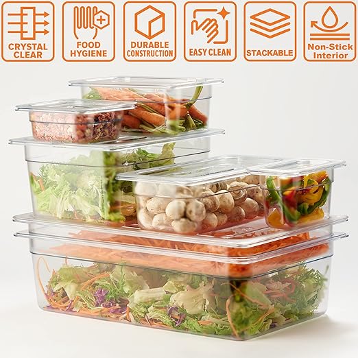 CURTA 6-Pack 1/6 Size 2.5" Deep NSF Polycarbonate Food Pans | Dishwasher & Freezer Safe Clear Container for Prep Tables, Buffet, Salad Bar, Commercial & Home Kitchen