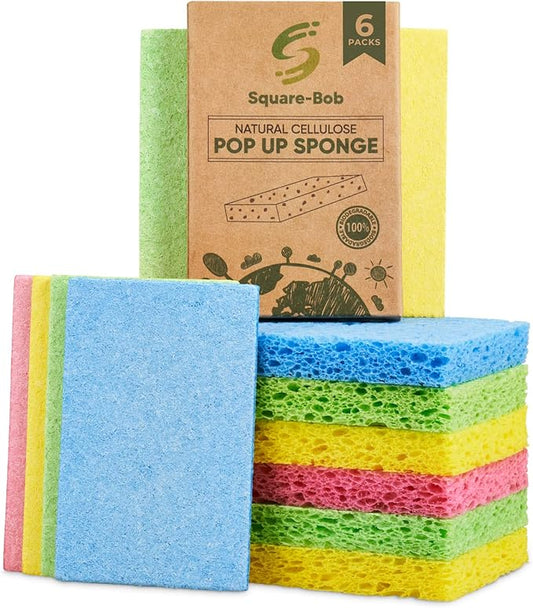 Compressed Non-Scratch Kitchen Sponges - Highly Absorbent for Dishes, Countertop, Sink, Car - Biodegradable, Quick Drying Cellulose Sponges - Assorted Colors (Pack of 6)