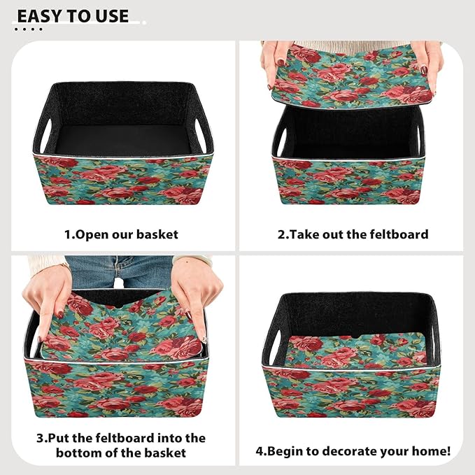 Kcldeci Red Green Rose Storage Bins Baskets for Organizing 2Pack, Sturdy Storage Basket Foldable Storage Baskets for Shelves Closet Nursery Toy