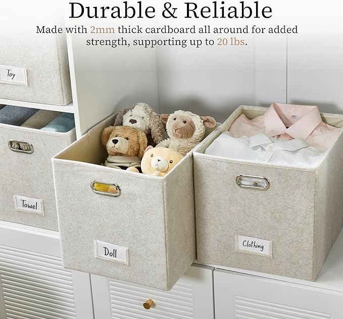 DECOMOMO Felt Storage Bins, 11 inch Cube Storage Bin with Labels for Shelves Kallax (Cube 11" / 6pcs, Beige)