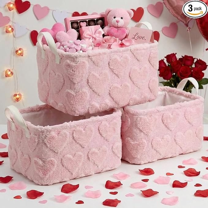 Kathfly Pink Heart Storage Baskets Valentine's Day Plush Faux Fur Jacquard Design Laundry Basket with Handles Waterproof Storage Bins Fabric Shelf Baskets for Organizing
