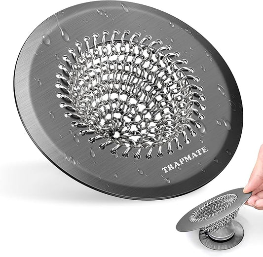 TRAPMATE Shower Hair Drain Catcher, Easy Clean Bathtub Drain Hair Catcher, Fast Drainage Tub Drain Protector, Stainless Steel Shower Drain Cover for US Standard Regular & Pop-up Drain Screen (Black)