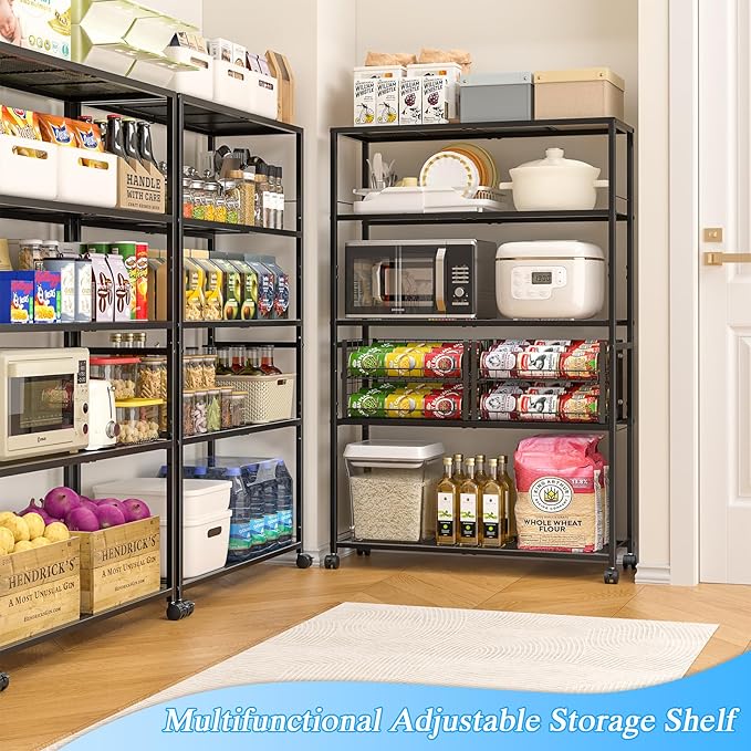 5 Tier Metal Shelving Unit, Storage Shelving with Adjustable Shelves, Extra Wide Metal Storage Rack with Wheels for Kitchen, Garage, Pantry & Closet Organizer, 32.7" L x11.8 D x 51.5" H