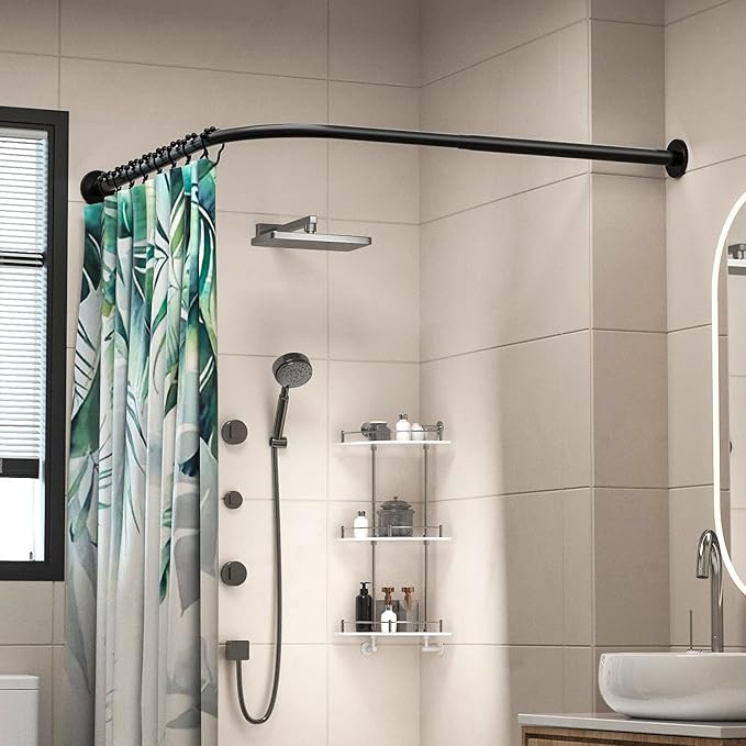 Corner Shower Curtain Rod Adjustable Stainless Steel L Shaped Rack Drill Free Install for Bathroom, Bathtub, Clothing Store (Black, 35.5"-51.2" x 35.5"-51.2")