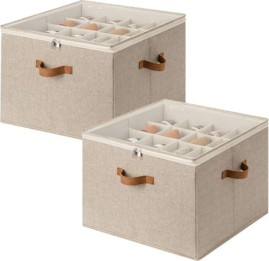 StorageWorks 2 Pack Shoe Organizer for Closet, Foldable Shoe Storage Box with Adjustable Dividers, Shoe Boxes Organizer for Entryway, Closet Shoes Organizer for Sandals, Sneakers, Fits 32 Pairs, Taupe