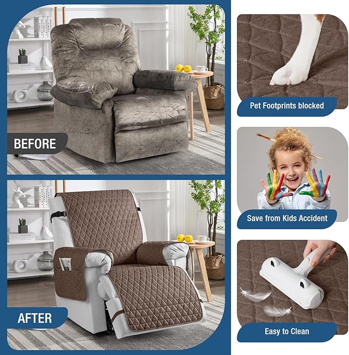 TAOCOCO 100% Waterproof Recliner Cover - Recliner Cover with Non-Slip Granule, Recliner Chair Covers with Elastic Band, Recliner Chair Covers for Reclining Chair(Brown, Large-28'')