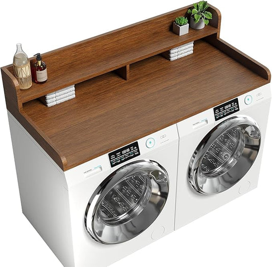 2-Tier Washer Dryer Countertop with 2.75" H Edge Rails, 58" W x 28" D Laundry Countertop for Folding Clothes, Washer and Dryer Topper with Non-Slip Pad (Brown)