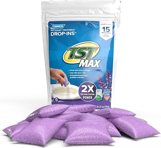 Camco TST MAX RV Toilet Treatment Drop-INs - Control Unwanted Odors and Break Down Waste and Tissue - Septic Tank Safe - Lavender Scent - 15-pack (41559)