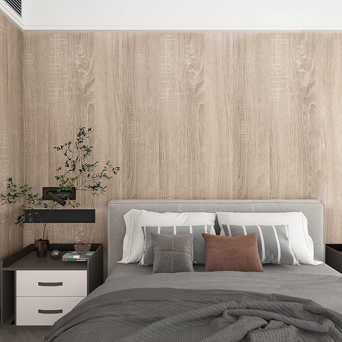 Large Size Natural Wooden Wall Paper Roll 31.5"x354" Light Gray Oak Textured Peel and Stick Wallpaper Removable Wood Grain Contact Paper Wood Look Wallpaper for Door Bathroom Wall Furniture