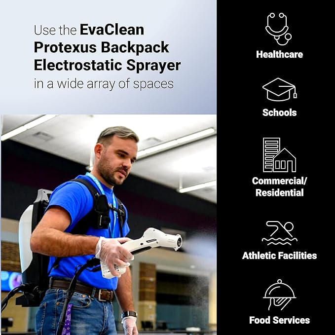EvaClean Protexus PX300 Backpack Electrostatic Sprayer Cordless Coverage, 4hr Rechargeable 16.8V Battery - 4 Ft Hose, 2.25 Gallon Tank, 60-Micron Nozzle