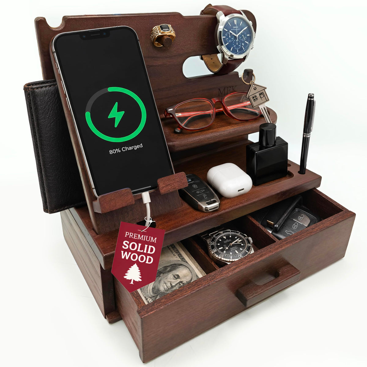 Bourbon Brown Wood Nightstand Organizer Docking Station Key - Image 1