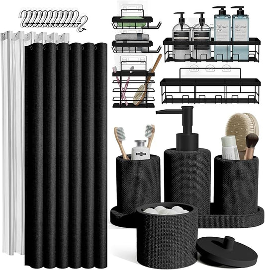 Clara Clark Bathroom Set - Black Bathroom Accessories Set, 24PC Bathroom Accessory Set, Bathroom Sets with Shower Curtain Set, Adhesive Corner Shower Caddy Hanging & Soap Dispenser