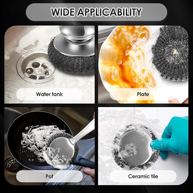 Steel Wool Scrubber Dish Brush with Handle, Detachable Stainless Steel Scrubber, Ergonomic Handle Stainless Steel Wool Scrubber, Reusable Stainless Steel Dish Scrubber for Cleaning Dishes (5pcs)