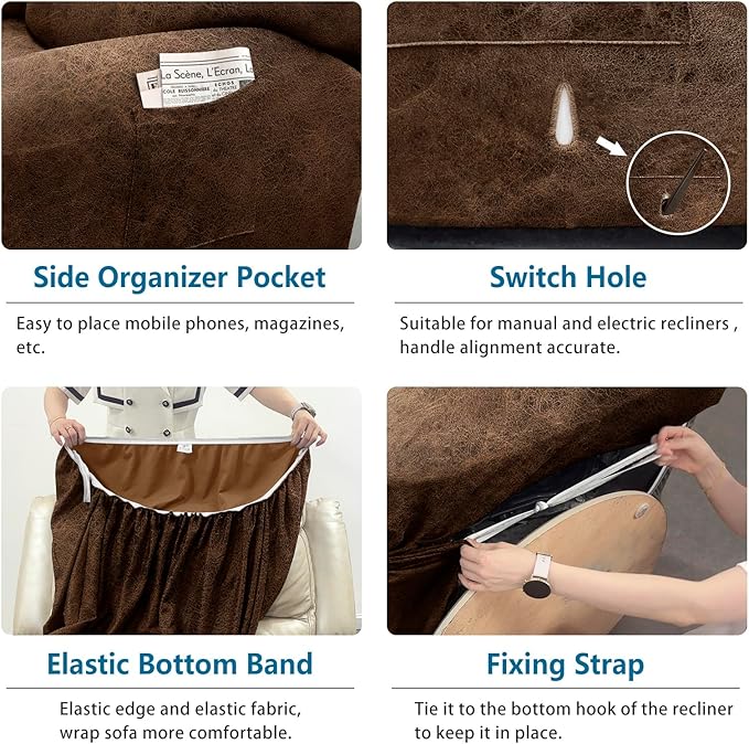 Chair Covers 4-Pieces Recliner Chair Covers 1 Seater Cover for Recliner Chair Leather Look Recliner Slipcovers with Pockets Spandex Fabric Furniture Covers(XL Recliner, Brown)
