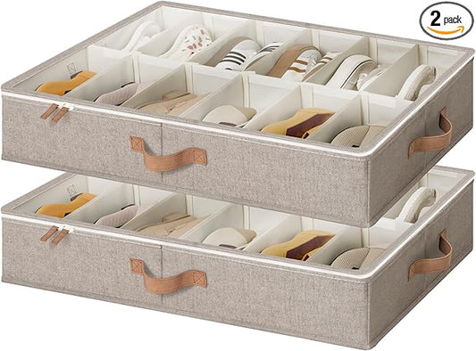 StorageWorks Shoe Organizer for Closet, Fits up to 24 Pairs, 2-Pack Ultra-thick Fabric Under Bed Shoe Storage Containers with Bottom Support and Adjustable Dividers, Taupe