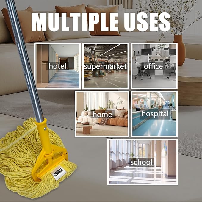 Commercial Cotton Mop Heavy-Duty Industrial with 2 Replacement Heads 152 cm Handle Replacement mop Head (Yellow)