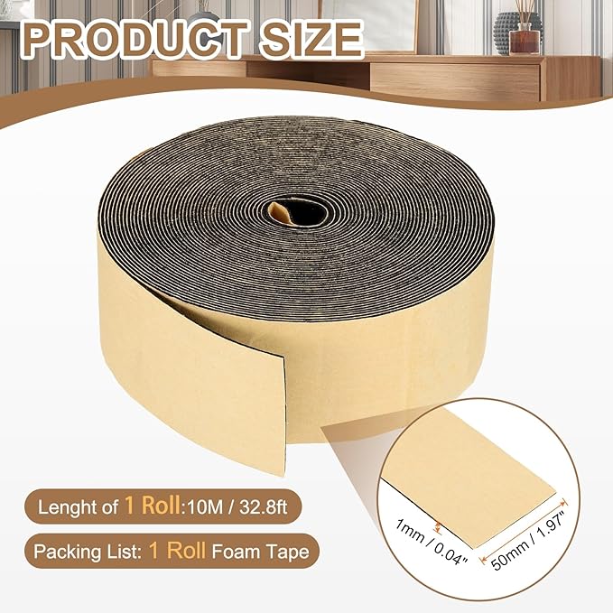 PATIKIL Foam Insulation Tape, 2" W x 1/16" t x 32.8FT Self Adhesive Weather Stripping Door Seal Strip for Door Window Air Conditioning, Black
