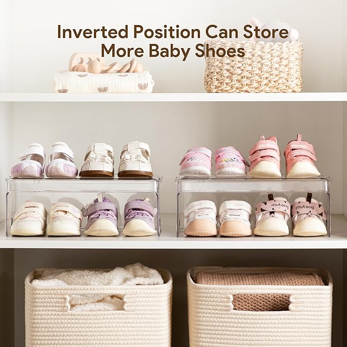 HBlife Clear Acrylic Kids Shoe Rack Baby Toddler Shoe Storage Organizer for Closet Floor Entryway Bedroom, 4 Tier Stackable Small Shoe Rack Shelf Display Stand