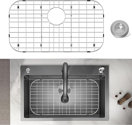 Stainless Steel Sink Protector 26"x14" with Rear Drain, Metal Sink Rack for Bottom of Sink, Kitchen Sink Grate and Sink Protectors with Sink Strainer (26" x 14" - Rear Drain)