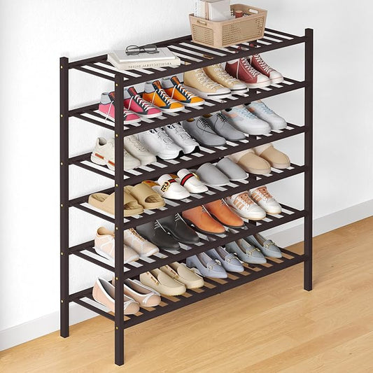 Smiry Bamboo Shoe Rack for Closet, 6 Tier Long Wooden Stackable Shoe Organizer, Free Standing Shoes Storage Shelf for Entryway, Front Door Entrance, Brown
