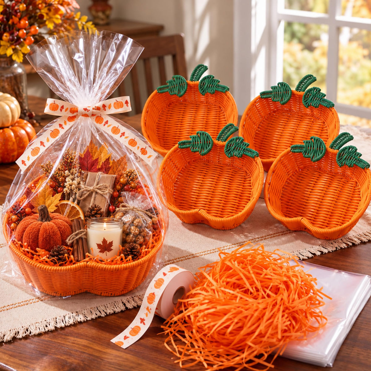 BrightRow 4 Sets Thanksgiving Pumpkin Basket Fall Hand Woven DIY - Image 1