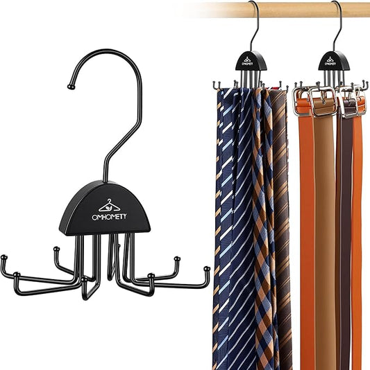 2 Pack Tie Hanger Belt Organizer for Closet, Rotatable Tie Rack with 16 Hooks Max 24 Belts & 16 Ties Storage Capacity, Space Saving Hanging Belt Holder for Closet Organizer, Black