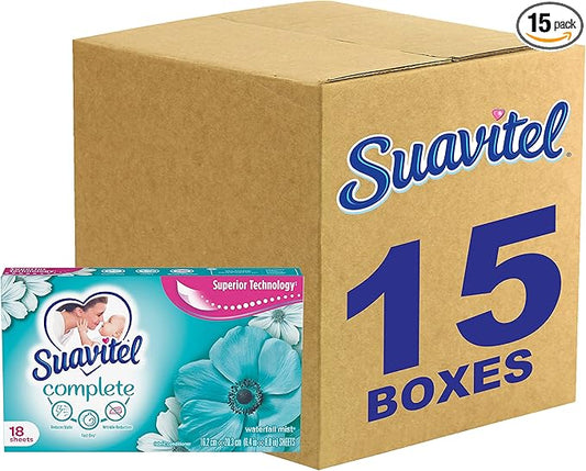 Suavitel Complete Fabric Conditioner Dryer Sheets, Waterfall Mist Scent, 18 Sheets