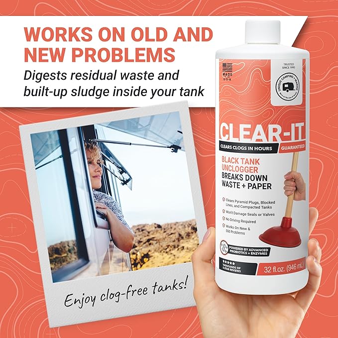 Unique Clear-It RV Black Tank Unclogger Liquid - Breaks Through Pyramid Plugs, Compacted Tanks, and Clogged Pipes (32 oz)
