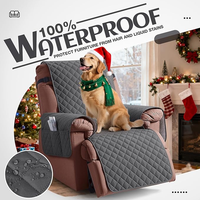 KinCam 100% Waterproof Recliner Chair Cover, Reclining Couch Covers for Pets, Dogs, Recliner Couch Slipcover Furniture Protector with Elastic Straps for Kids(28", Charcoal Gray)