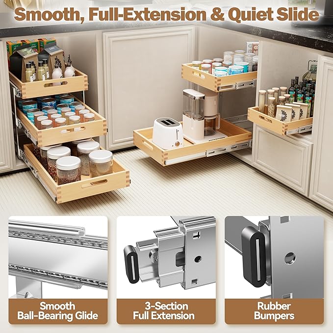 Pull Out Drawers for Cabinets 21"W x 21"D, Heavy-Duty Slide Out Wood Drawer Shelf, Pull Out Cabinet Organizer 100 lbs Capacity, Base Cabinet Organization for Kitchen, Pantry