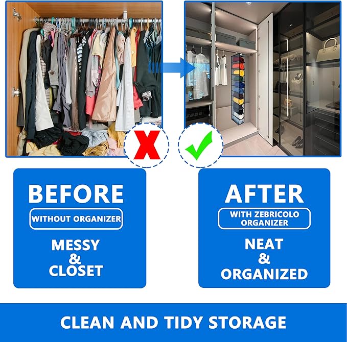 Closet Organization,12 Section,Hanging Closet Organizer,Space Saving, College Dorm Essentials for Girls, Heavy dutys Hooks Up to 45 Pounds, Clothes Storage,Closet Organizer,Grey/Black