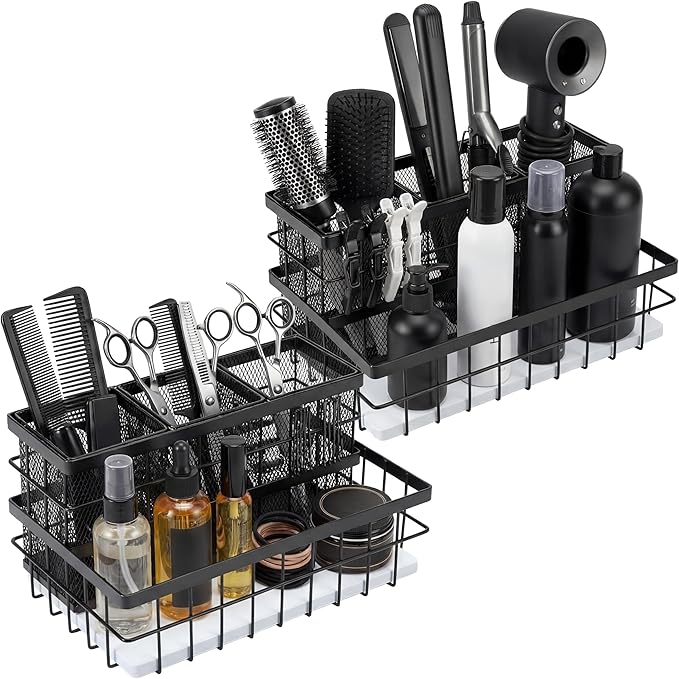 2 Pcs 1pcs Hair Tool Organizer Countertop Breathable Metal Bamboo Hot Tools Vanity Organizer Under Sink Bathroom Hair Dryer Holder Countertop Brush Comb Holder Tray (White Bamboo,Black)